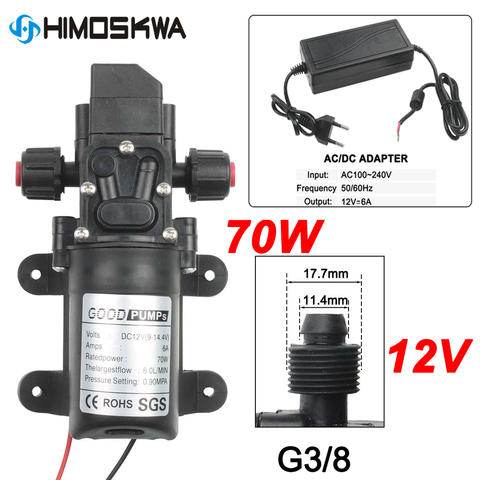 70W DC 12V 130PSI 6L/Min Water pump High Pressure Diaphragm Self Priming Pump with Plug for car cleaning ► Photo 1/6
