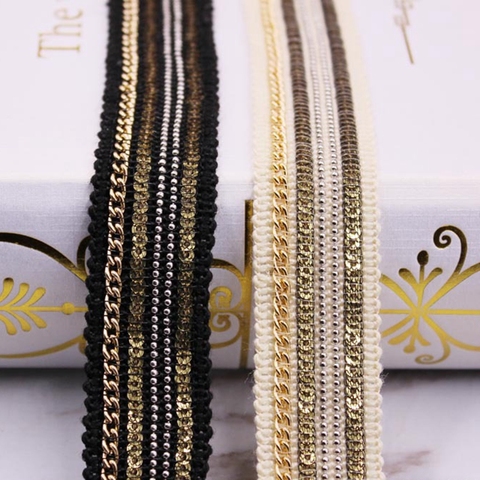 1Yards/Lot Chain Sequin Lace Ribbon African Lace Fabric Embroidered Lace Wedding Dress Fringe Clothing Accessories lace material ► Photo 1/6