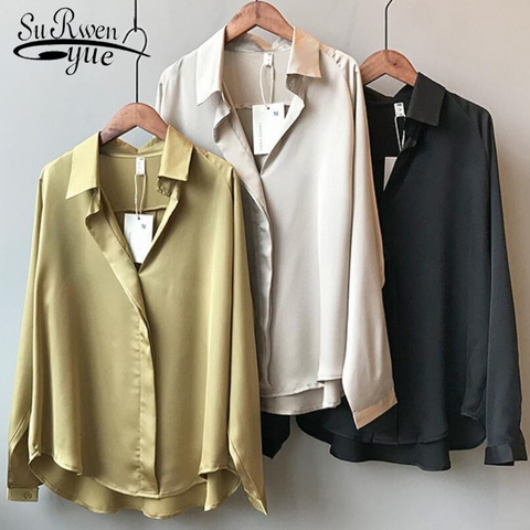 2022 Spring Women Fashion Long Sleeves Satin Blouse Vintage Femme V Neck Street Shirts Elegant Imitation Silk Blouse 5273 50 ► Photo 1/6