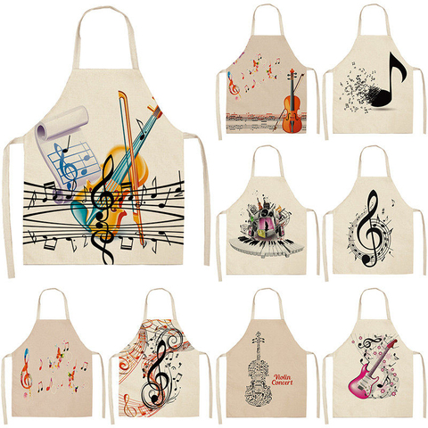 Musicial Note Guitar Piano Kitchen Aprons Women Cotton Linen Bibs Household Cleaning Pinafore Home Cooking Apron 53*65cm WQL0141 ► Photo 1/6