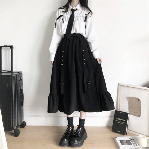 Autumn Women Skirts high waist student Korean Style Dark vintage Ruffle Long A-line skirts women fashion 2022 ► Photo 1/6