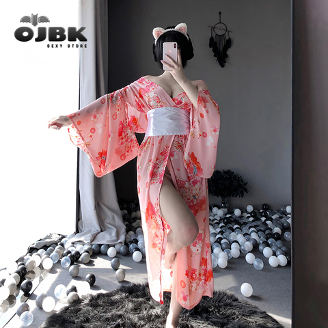 OJBK Japanese Kawaii Pink Kimono With White Bow-knot Waistband And Thong Sexy Maid Cosplay Costumes For woman AV Outfit 2022 New ► Photo 1/5