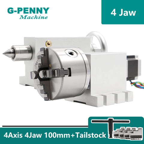 4 Jaw 100mm 4th Axis with Nema23 stepper motor Gapless harmonic gearbox reducer A axis + Tailstock for CNC woodworking machine！ ► Photo 1/6