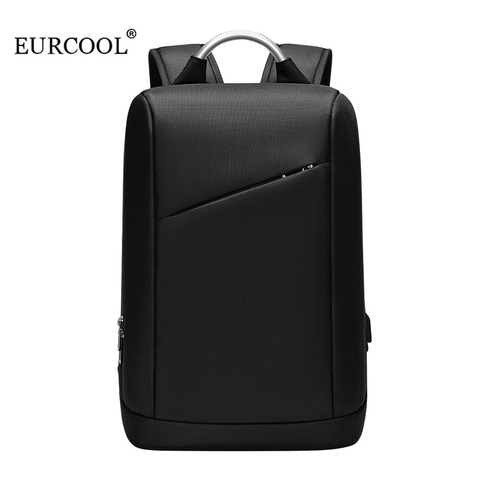 EURCOOL Backpack Purse for Men USB Black Business Slim Bag Thin and Light Waterproof Backpack Office Oxford Zipper Travel Bag ► Photo 1/6