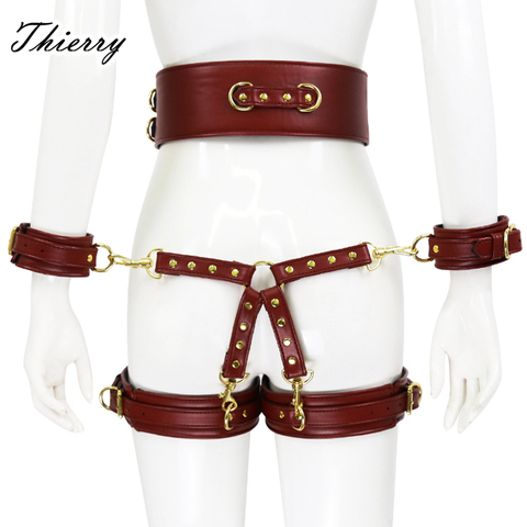 Thierry SM toys PU leather bondage set include belt, handcuffs, legcuffs, center connection, adult games sex toys for women ► Photo 1/6