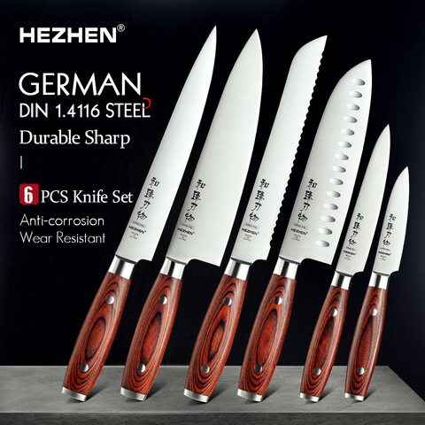 HEZHEN 1-6PC Knife Sets Carving Chef Bread Santoku Utility Paring Pakka Wood Handle  & Stainless Steel Rivet Kitchen Tool ► Photo 1/6