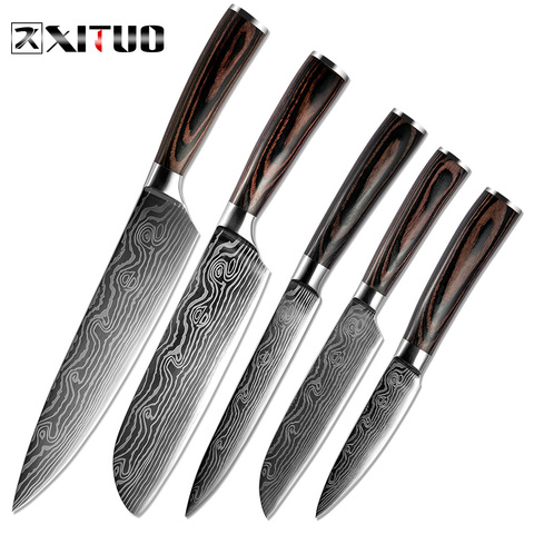 XITUO 5PCS Messenset Pakka Kitchen Knives Japanese Damascus Steel Pattern Chef Knife Santoku Paring Santoku Slicing Utility Tool ► Photo 1/6