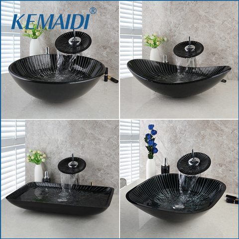 KEMAIDI  New Bathroom Sink Hand Paint Washbasin Tempered Glass Basin Sink With Waterfall Faucet Taps Vessel Water Drain Set ► Photo 1/6