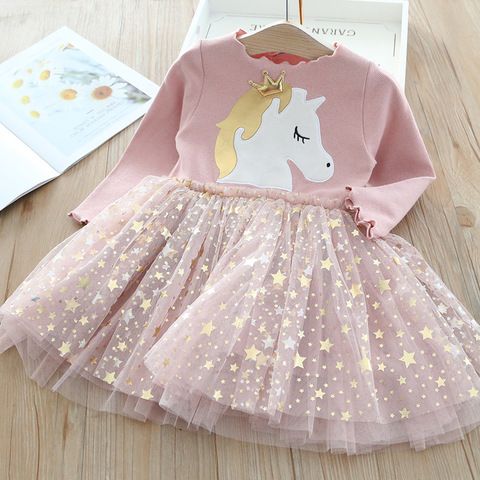 Baby Girl Cute Unicorn Dresses Autumn Long Sleeve Knitted Girls Dress Christmas Party Star Mesh Princess Dress Children Clothing ► Photo 1/6