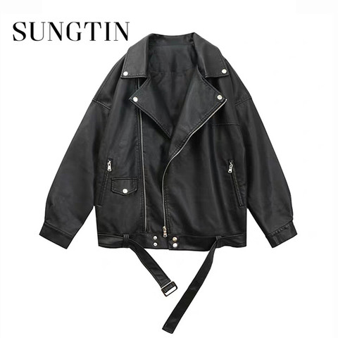 Sungtin Women Loose Pu Leather Jacket Black Soft Faux Leather Jacket Street Moto Biker Leather Jacket Coat Lady Casual Outerwear ► Photo 1/6