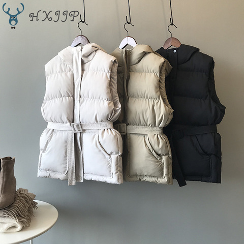 HXJJP Women Vest Winter Jacket Pocket Hooded Coat Warm Casual Cotton Padded Vest Female Slim Sleeveless Waistcoat Belt In Stock ► Photo 1/6
