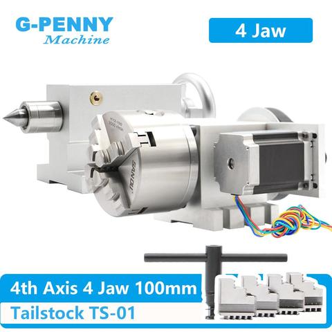 4 Jaw 100mm  4th Axis+Tailstock CNC dividing head Rotation Axis/ A axis kit  for Mini CNC router/engraver wood working engraving ► Photo 1/6