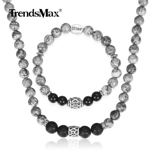 Natural Map Stone Jewelry Set Womens Mens Black Glass Bead Necklace Bracelet Stainless Steel Star Charm Link Chain Gift DS05 ► Photo 1/1