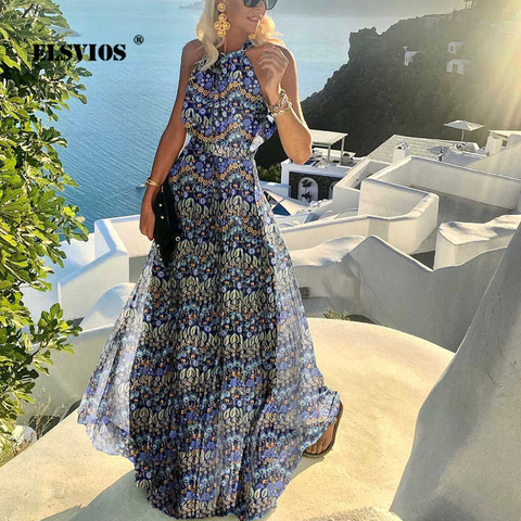 Fashion Women Sexy O Neck Halter Print Summer Dress Casual Bohemia Sleeveless Beach Holiday Long Dresses Elegant Slim Vestidos ► Photo 1/6