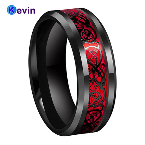 Black Mens Wedding Ring Dragon Ring Tungsten Carbide Ring With Red Opal And Black Dragon Inlay ► Photo 1/6