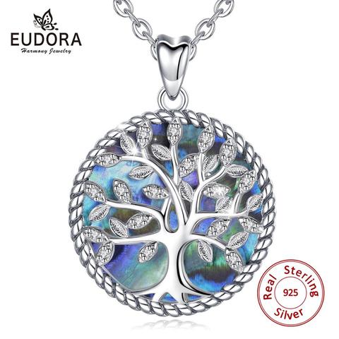 EUDORA 925 Sterling Silver Tree Of Life Pendant Crystal Leaf Blue Mother of Pearl Necklace Women Fine Jewelry Gift with Box D170 ► Photo 1/6