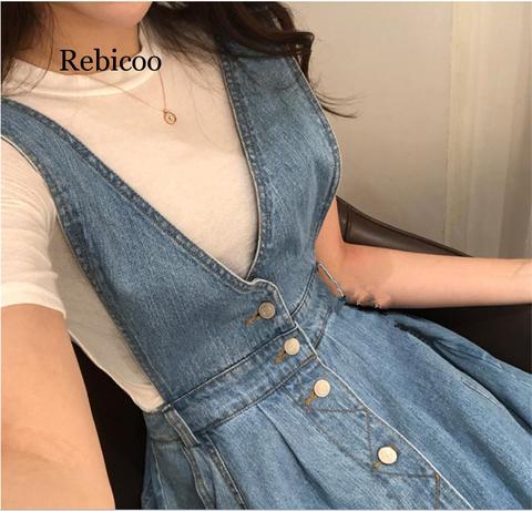 Rebicoo Women Denim Dress  Fashion Single Breasted Spaghetti Strap Jean Dress Women Tunic Big Hem Backless Dress Vestidos ► Photo 1/6