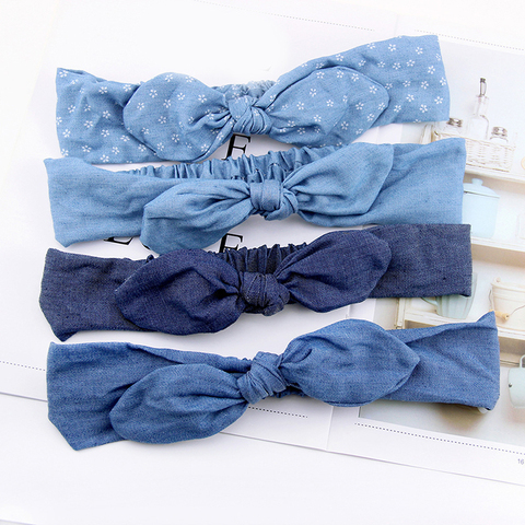 Denim Bow Headband Summer Women Cute Rabbit Ears Headband Star Striped Bowknot Hair Bands Elastic Turban Girls Hairband ► Photo 1/6