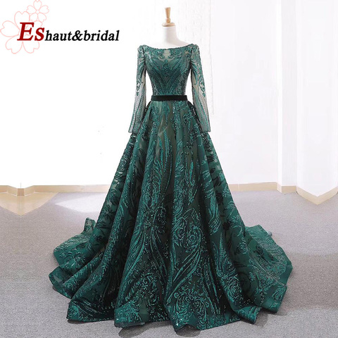 Dubai A-Line Luxury Evening Dress Muslim 2022 Vintage Long Sleeves Sequins Sparkle Prom Party Gowns ► Photo 1/6