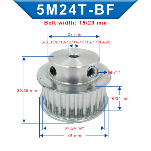 Timing Pulley 5M-24T Bore 6/6.35/8/10/12/12.7/14/15/16/17/19/20 mm Pulley Slot Width 16/21 mm For Width 15/20mm 5M-timing belt ► Photo 1/6