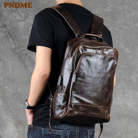 PNDME fashion vintage high quality genuine leather men's backpack casual simple designers bookbag teens travel laptop bagpacks ► Photo 1/6