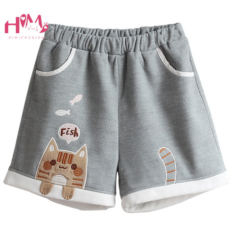 Winter Kawaii Shorts for Teen Girls Cute Cat Embroidered Cartoon Woolen Shorts Women Lamb Cashmere Sweet Loose Boots Shorts Navy ► Photo 1/6