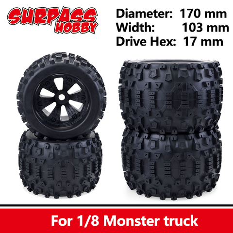 Surpass Hobby 4PCS 170MM 17mm Hub Wheel Rim Tires Tyre for 1/8 Monster Truck Off-Road RC Car Buggy Redcat Team HPI Savage ► Photo 1/6