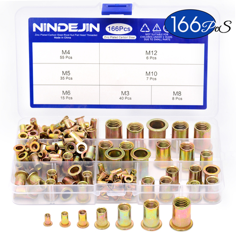 NINDEJIN 166pcs/set Mixed Carbon Steel Rivet Nut M3 M4 M5 M6 M8 M10 M12 Nut Zinc Plated Flat Head Threaded Insert Nut Kit ► Photo 1/6