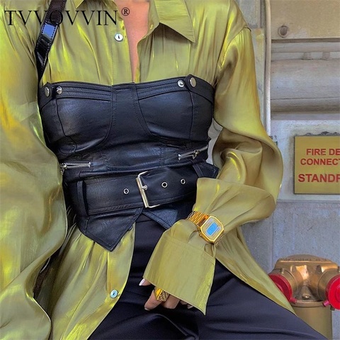 TVVOVVIN Women Sweetheart Neckline PU Bandeau Corset With Waist Belt Faux Leather Corset Crop Top With Zip Detail U8M1 ► Photo 1/6