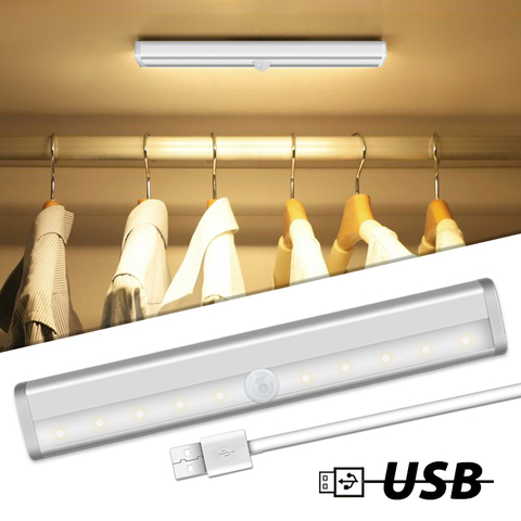 10led USB Rechargeable Under Cabinet Light LED PIR Motion Sensor Lamp Smart Stick-on Cupboard Closet Bedroom Kitchen Night Light ► Photo 1/6