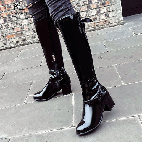 Sgesvier New Women Knee High Boots Round Toe Thick Heels Patent Leather Nightclub Fashion Boots Side Zip Platform Winter Boots ► Photo 1/6