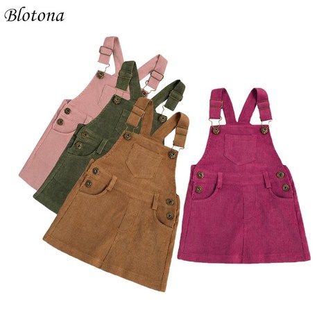 Blotona Toddler Kids Summer Clothing Baby Girl Mini Retro Dress Strap Corduroy Dress Suspenders Solid Overalls With Pockets 1-4Y ► Photo 1/6