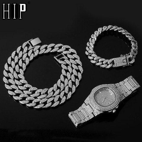 Necklace +Watch+Bracelet Hip Hop Miami Curb Cuban Chain Gold Iced Out Paved Rhinestones CZ Bling Rapper For Men Jewelry ► Photo 1/6