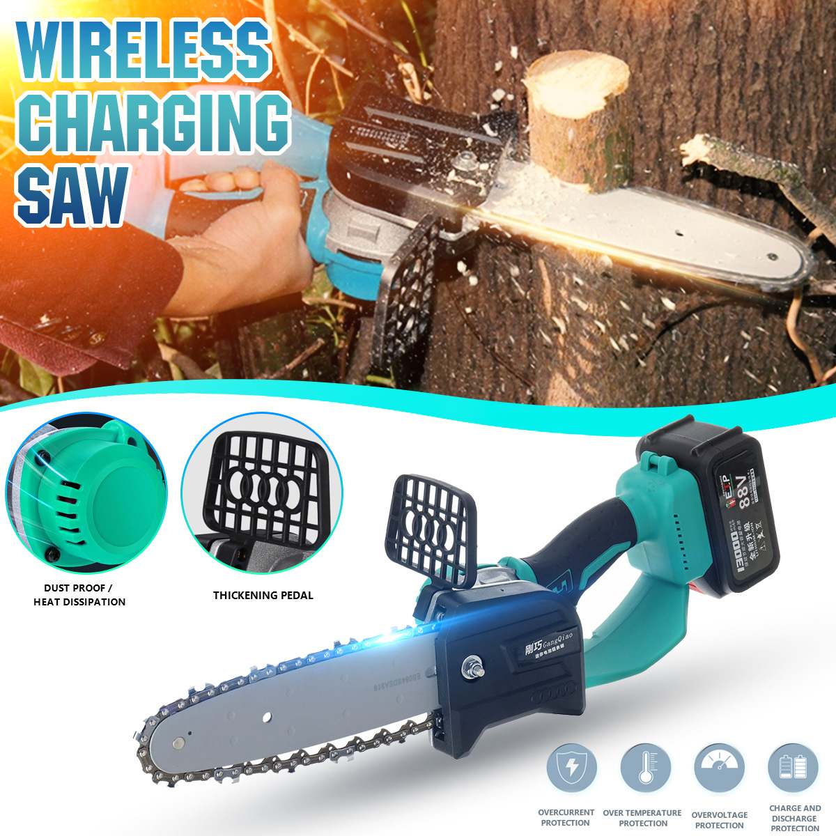 1080W 88V Cordless Mini One-Hand Saw Woodworking Electric Chain Saw Wood Cutter 