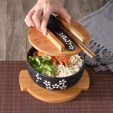 Black ceramic bowl with lid spoon instant noodle bowl Korean soup bowl rice bowl student canteen restaurant Japanese tableware ► Photo 1/5