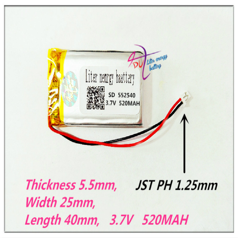 XHR-2P 1.25 552540 3.7V,520mAH, Polymer lithium ion / Li-ion battery for DVR RECORD,MP3,MP4,TOY,GPS,SMART WATCH,SPORT CAMERA ► Photo 1/1