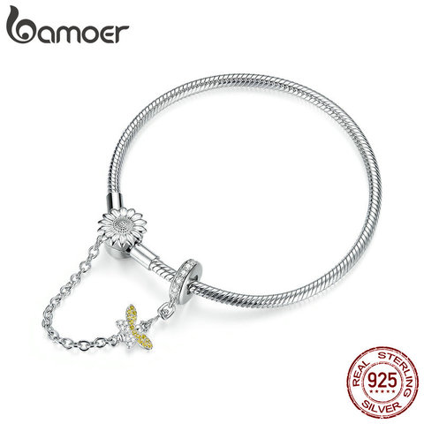 bamoer Authentic 925 Sterling Silver 3mm Snake Charm Bracelet with Sunflower Safety Chain DIY Bracelets Accessories BSB041 ► Photo 1/6