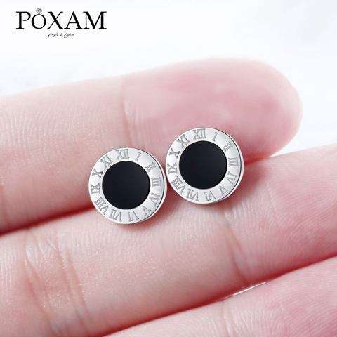 POXAM Korean Round Crystal Stud Earrings For Women Man Stainless Steel Roman Numeral Small Earrings Lady 2022 Fashion Jewelry ► Photo 1/6