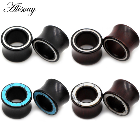 Alisouy 2pcs Wood Inlay White Line Blue Stone Ear Plug Tunnel Earring Guages Stretcher Expander Extender Piercing Body Jewelry ► Photo 1/6