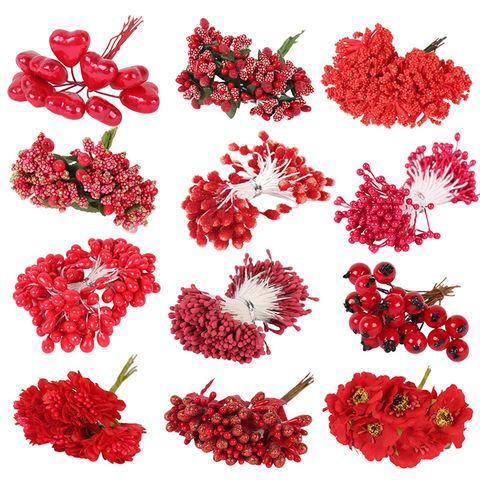 Red Theme Mixed Artificial Flower Cherry Stamen Berries Bundle DIY Xmas Wedding Cake Gift Box Wreaths Decor 6/10/12/50/70/90pcs ► Photo 1/6