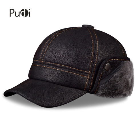 Pudi Men's Scrub Genuine Leather baseball caps hats Faux fur Winter Warm ear flap Hat / Cap black brown camel HL083 ► Photo 1/6