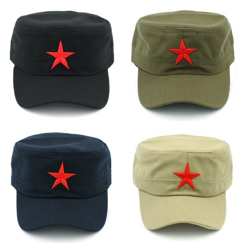 Mistdawn Unisex Cotton Military Cap Spring Summer Beach Outdoor Street Street Cool Church Sunhat Flat Top Hat With Red Star ► Photo 1/6