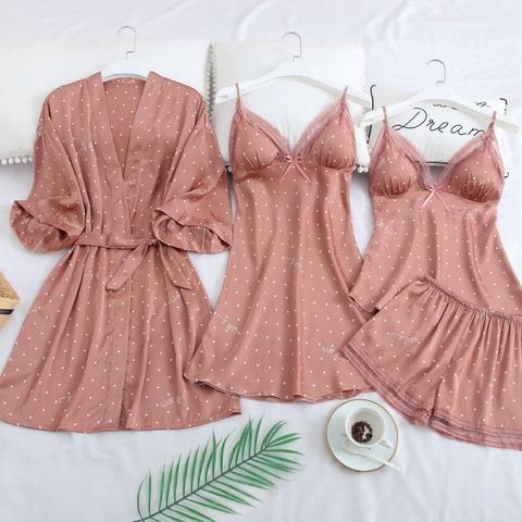 Spring Ice Silk Pyjama Suit Women Pink Print Dot Pajamas Set Sexy Lace Stain Silk Pajamas Nightgown Sleepwear With Chest Pads ► Photo 1/6