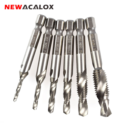 NEWACALOX 1/4'' Hex HSS High Speed Steel Thread Spiral Screw  M3 M4 M5 M6 M8 M10 Metric Composite Tap Drill Bit Tap 6pcs/set ► Photo 1/6