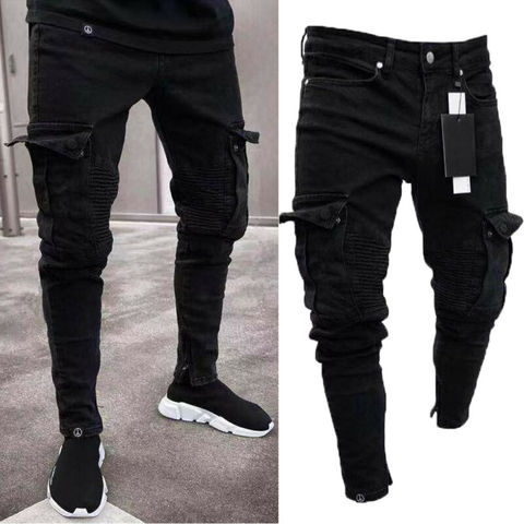 Men Biker Ripped Long Denim Trousers Skinny Jeans Pants Destroyed Stretchy-Black Pants ► Photo 1/6