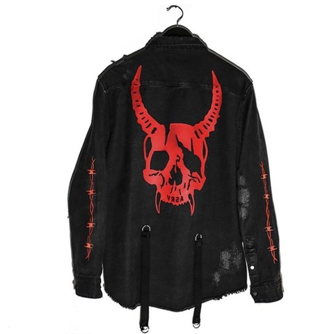 Harajuku Gothic Demon Hunter Skull Black Denim Jacket Men Rock Punk Heavy Metal Sweatshirt Sudadera Suspenders Hole Streetwear ► Photo 1/6