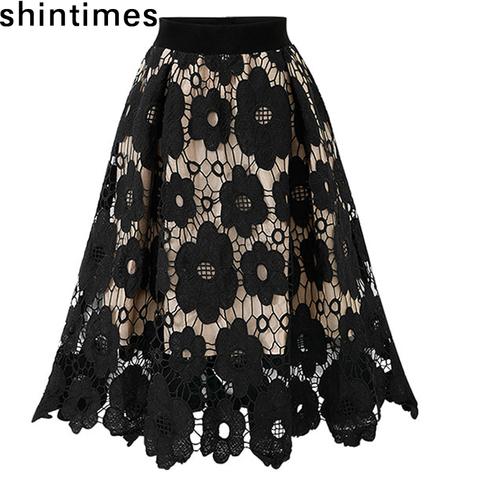 Faldas Mujer Moda 2022 Women Elegant Fashion Flower Embroidery Hollow Out Lace Skirts Womens Casual Sexy Skirt Party Black Skirt ► Photo 1/6