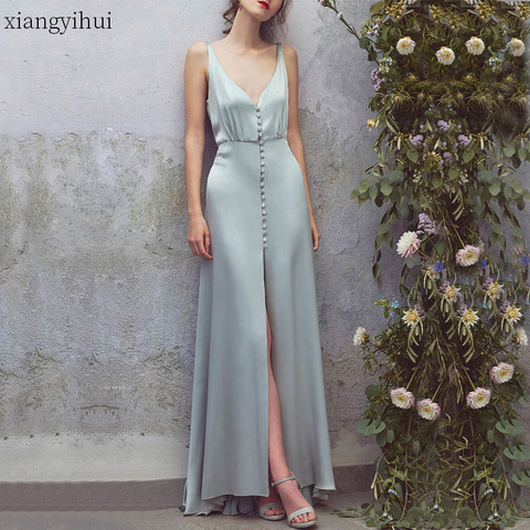 Light Green Sexy Backless Dress Women Summer Deep V Neck Sleeveless Satin Silk Beach Dresses Long Party Elegant Split Dress ► Photo 1/6