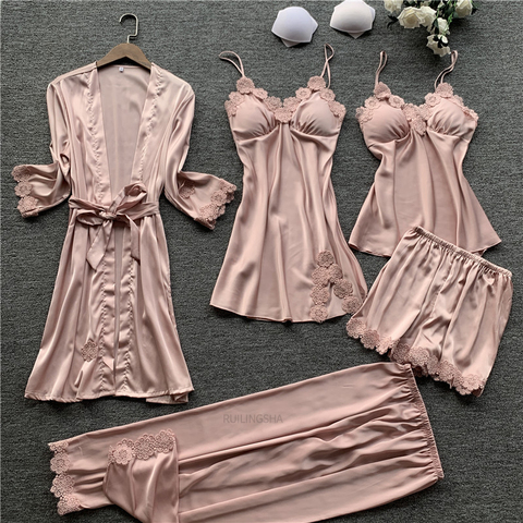 Women Pajamas 5 Pieces Satin Sleepwear Pijama Silk Home Wear Home Clothing Embroidery Sleep Lounge Pyjama with Chest Pads ► Photo 1/5