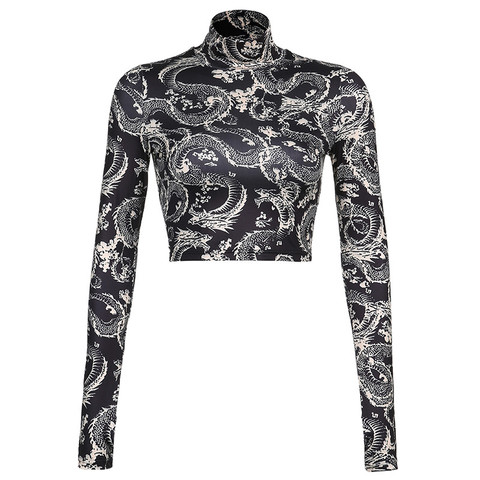 Women's Dragon Printed Crop Tops, Long Sleeve High Collar Short Slim T-shirt for Spring and Autumn ► Photo 1/6